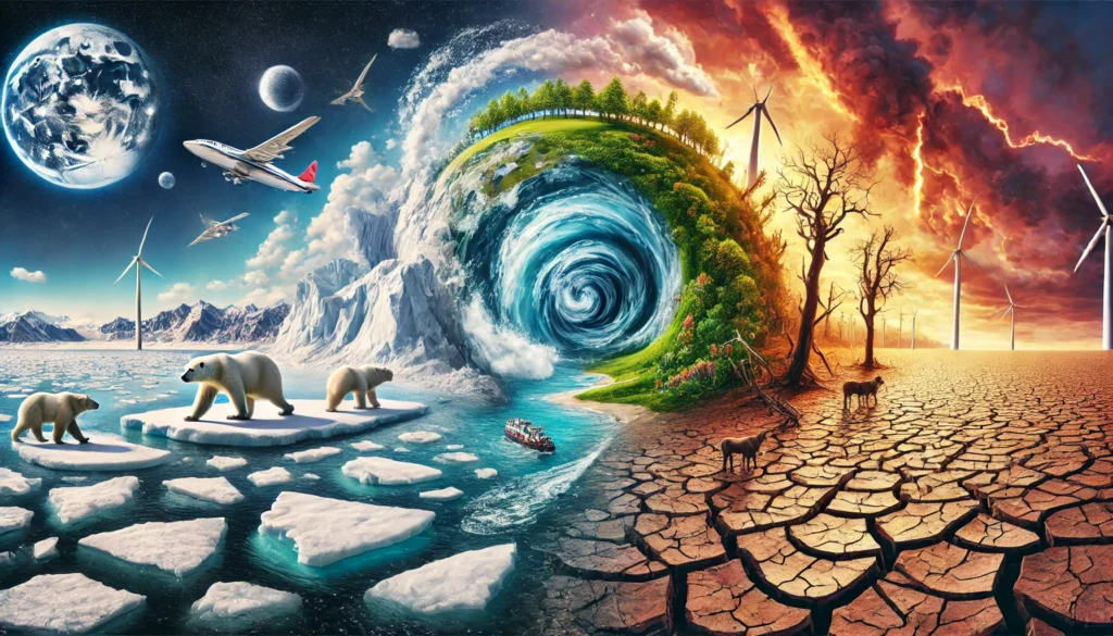 A panoramic image illustrating the diverse effects of climate change. On the left, melting icebergs with polar bears; in the center, a swirling hurricane over the ocean; and on the right, cracked, drought-stricken land next to a lush green forest showing signs of wilting. The image transitions seamlessly, representing the interconnectedness of climate phenomena.