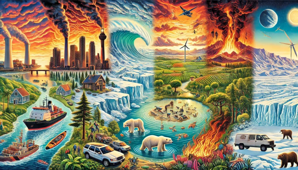A vivid landscape illustration showing the diverse impacts of climate change. Coastal flooding in a city, melting glaciers, forest wildfires, coral reef bleaching, and polar bears on diminishing Arctic ice are depicted. On the right, extreme weather events, such as hurricanes and heatwaves, contrast with sustainable solutions like tree planting and solar panel installations. The artwork blends scenes of devastation and hope, emphasizing the urgency and potential for action against climate change.