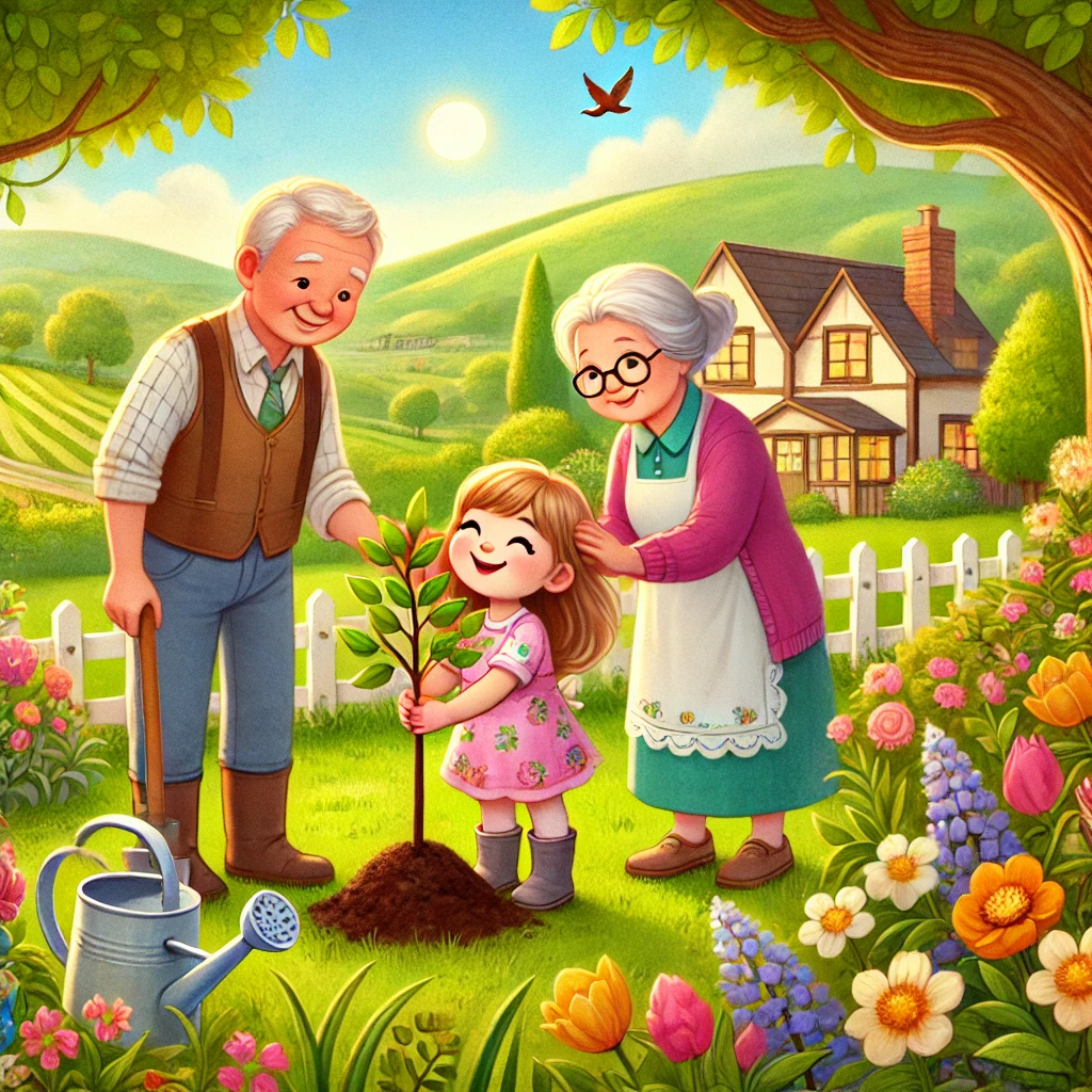 A cheerful scene of a young girl planting a sapling in a lush countryside garden with her grandmother, while her grandfather stands nearby with a watering can. The background features a cozy house, blooming flowers, tall green trees, and a bright blue sky, evoking warmth and hope.