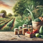 An artistic depiction of sustainable food practices featuring an organic farm with lush greenery in the background. In the foreground, a wooden table displays fresh produce, jars filled with grains, and a reusable bag, emphasizing the farm-to-table concept. The scene is illuminated by a soft sunrise, symbolizing harmony between agriculture and the environment, creating a warm and inviting ambiance.