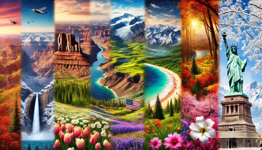 A panoramic depiction of U.S. landscapes showcasing spring flowers in the Grand Canyon, summer greenery in Alaska's Denali National Park, autumn foliage in Vermont, and winter beaches of Hawaii, blended seamlessly with vivid colors.