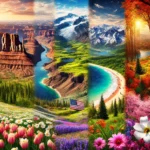 A panoramic depiction of U.S. landscapes showcasing spring flowers in the Grand Canyon, summer greenery in Alaska's Denali National Park, autumn foliage in Vermont, and winter beaches of Hawaii, blended seamlessly with vivid colors.
