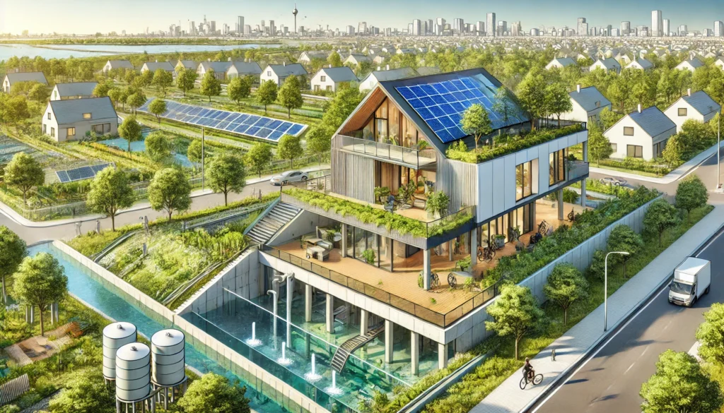 A landscape depiction of a climate-adapted modern home in a city. The home has an elevated foundation, a cool roof, cross-ventilation windows, a green roof with solar panels, and a rainwater harvesting system, surrounded by eco-friendly urban infrastructure and greenery.