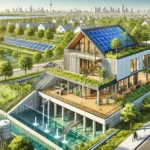A landscape depiction of a climate-adapted modern home in a city. The home has an elevated foundation, a cool roof, cross-ventilation windows, a green roof with solar panels, and a rainwater harvesting system, surrounded by eco-friendly urban infrastructure and greenery.