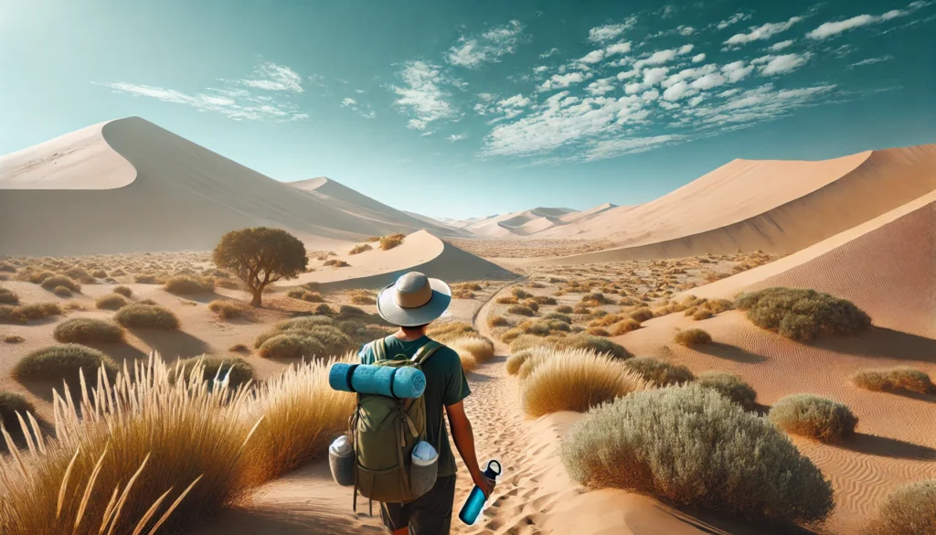 A hiker in an eco-friendly outfit, carrying a reusable water bottle and walking on a marked trail in a desert-like environment with sand dunes, sparse vegetation, and a sunny sky.