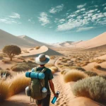 A hiker in an eco-friendly outfit, carrying a reusable water bottle and walking on a marked trail in a desert-like environment with sand dunes, sparse vegetation, and a sunny sky.