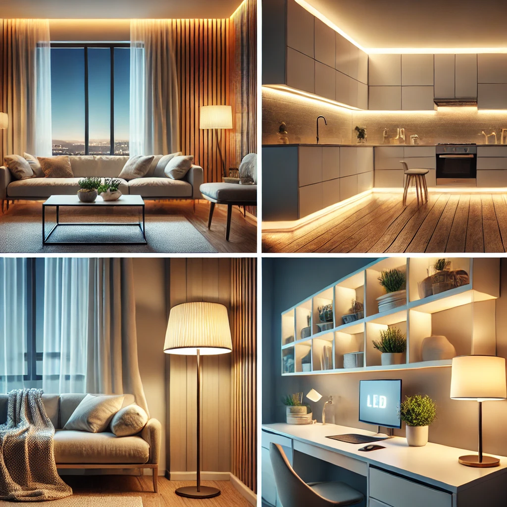 A modern home interior featuring LED lighting: a cozy living room with warm white lights, a functional kitchen with neutral white LED strips under cabinets, a stylish bedroom with soft warm white bedside lamps, and a home office corner illuminated with cool white desk lighting.