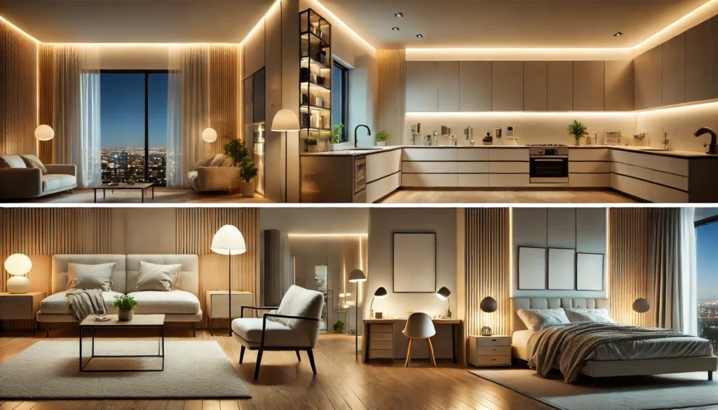 A panoramic view of a modern home interior with LED lighting: a cozy living room with warm white lights, a kitchen with neutral white LED strips under cabinets, a stylish bedroom with bedside lamps emitting soft warm white light, and a home office corner illuminated with cool white desk lighting.