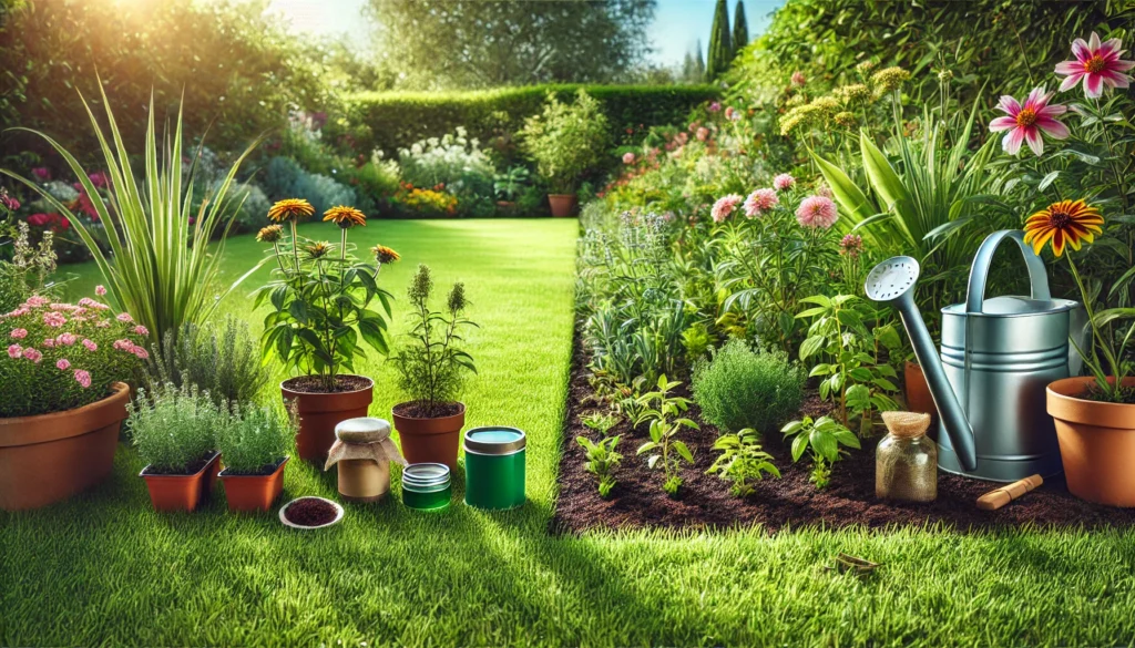 A serene, green lawn with well-maintained flower beds, featuring natural pest control methods such as neem oil and coffee grounds. The scene highlights an eco-friendly, organic approach to yard care.