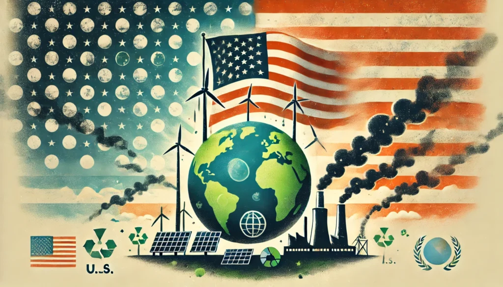 Illustration of the Earth with green energy symbols like wind turbines and solar panels, contrasted with factories emitting smoke under a fading American flag, symbolizing the U.S. withdrawal from the Paris Climate Agreement.
