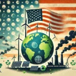 Illustration of the Earth with green energy symbols like wind turbines and solar panels, contrasted with factories emitting smoke under a fading American flag, symbolizing the U.S. withdrawal from the Paris Climate Agreement.