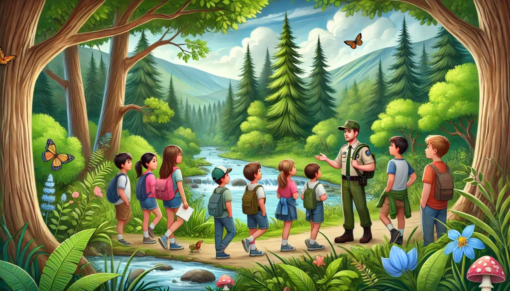 A group of children in a lush national park, accompanied by a park ranger explaining the ecosystem. Towering trees, a flowing river, and wildlife surround them as they observe plants and insects, with mountains in the background under a partly cloudy sky.