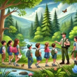 A group of children in a lush national park, accompanied by a park ranger explaining the ecosystem. Towering trees, a flowing river, and wildlife surround them as they observe plants and insects, with mountains in the background under a partly cloudy sky.