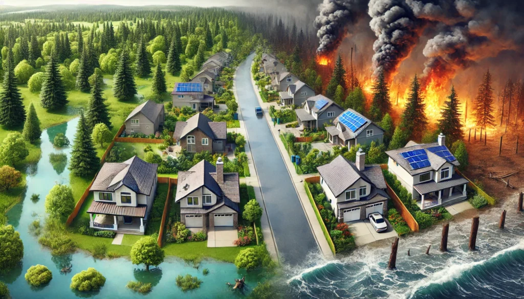 A suburban neighborhood showing climate risks: a flooded street near homes, a wildfire in the background near a dry forest, and storm clouds rolling in. Some houses have solar panels and rainwater harvesting systems, indicating climate adaptation efforts.