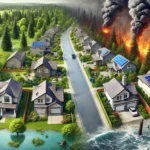 A suburban neighborhood showing climate risks: a flooded street near homes, a wildfire in the background near a dry forest, and storm clouds rolling in. Some houses have solar panels and rainwater harvesting systems, indicating climate adaptation efforts.
