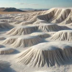 A realistic landscape featuring a dry, textured terrain covered with diatomaceous earth, with rolling hills in the background.
