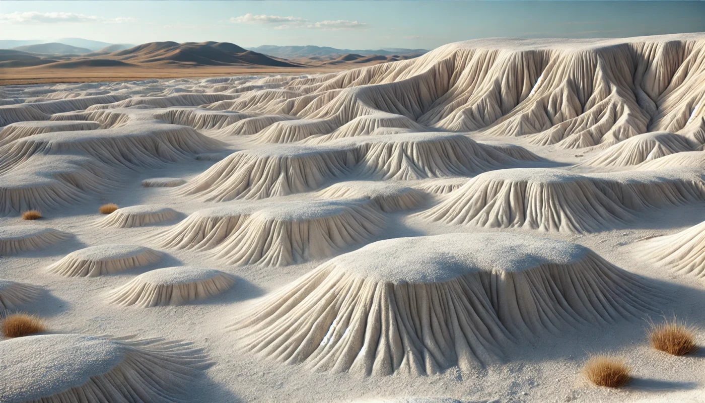 A realistic landscape featuring a dry, textured terrain covered with diatomaceous earth, with rolling hills in the background.