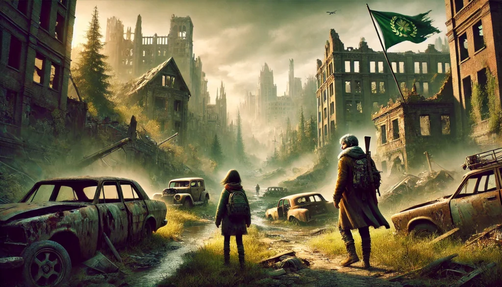A desolate, post-apocalyptic city with skeletal buildings and abandoned cars covered in dust. Two weary travelers, a man with a scarf and a young girl, walk cautiously through the ruins. In the distance, a figure waves a flag bearing a green leaf symbol, standing at the edge of a lush valley, offering hope amidst the devastation.