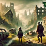 A desolate, post-apocalyptic city with skeletal buildings and abandoned cars covered in dust. Two weary travelers, a man with a scarf and a young girl, walk cautiously through the ruins. In the distance, a figure waves a flag bearing a green leaf symbol, standing at the edge of a lush valley, offering hope amidst the devastation.