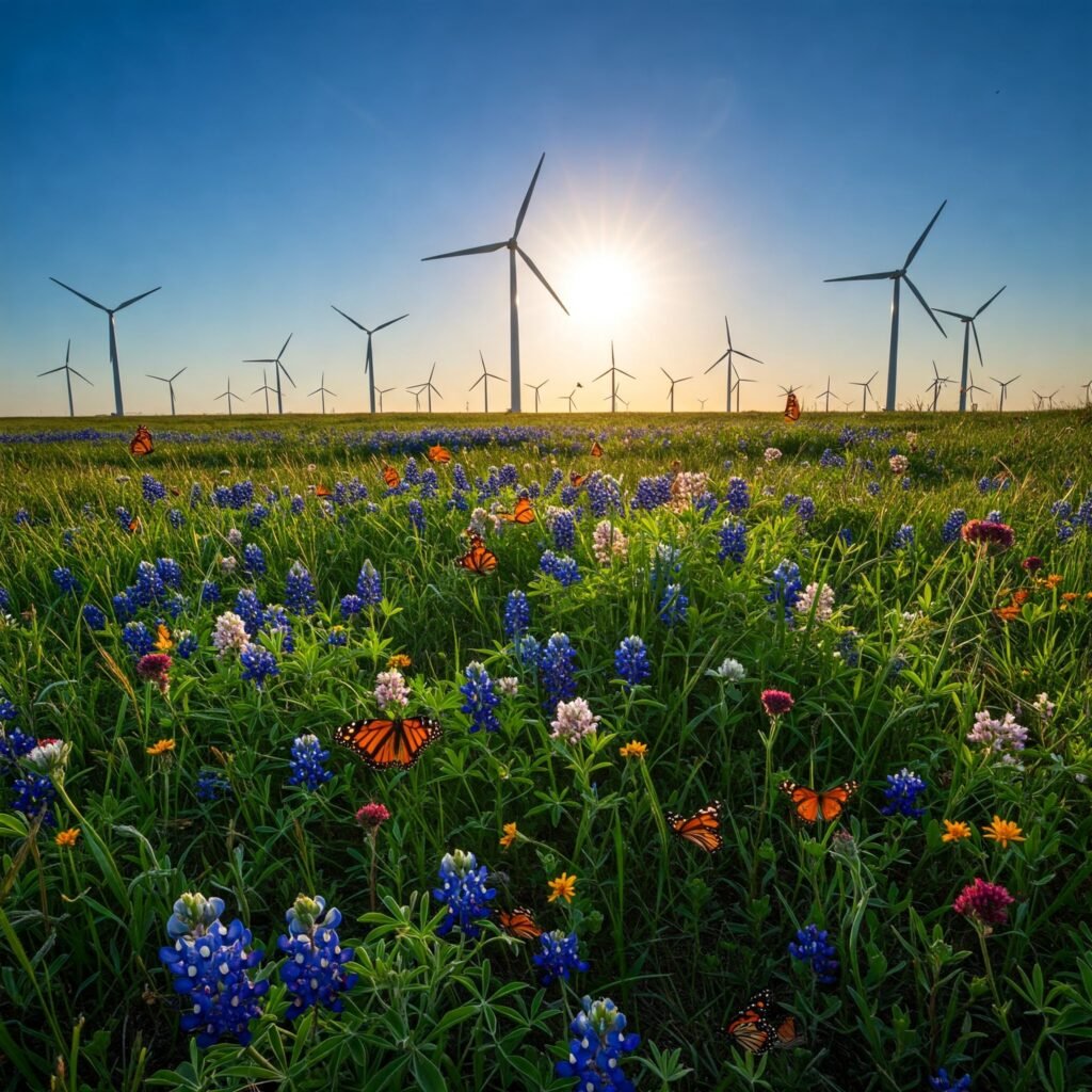 A vibrant landscape image of a lush green meadow in Texas, with a line of wind turbines gracefully spinning in the background against a clear blue sky. The meadow is filled with a variety of wildflowers, including bluebonnets and milkweed, attracting a colorful array of butterflies and honeybees. The sun shines brightly, casting long shadows across the landscape, creating a stunning contrast of light and shadow. Captured in a wide-angle shot, showcasing the expansive beauty of the Texas countryside, with the wildflowers adding splashes of color to the scene. The image is a celebration of the natural beauty of Texas, where wind energy and wildflowers coexist harmoniously, and the colors are vibrant and saturated.