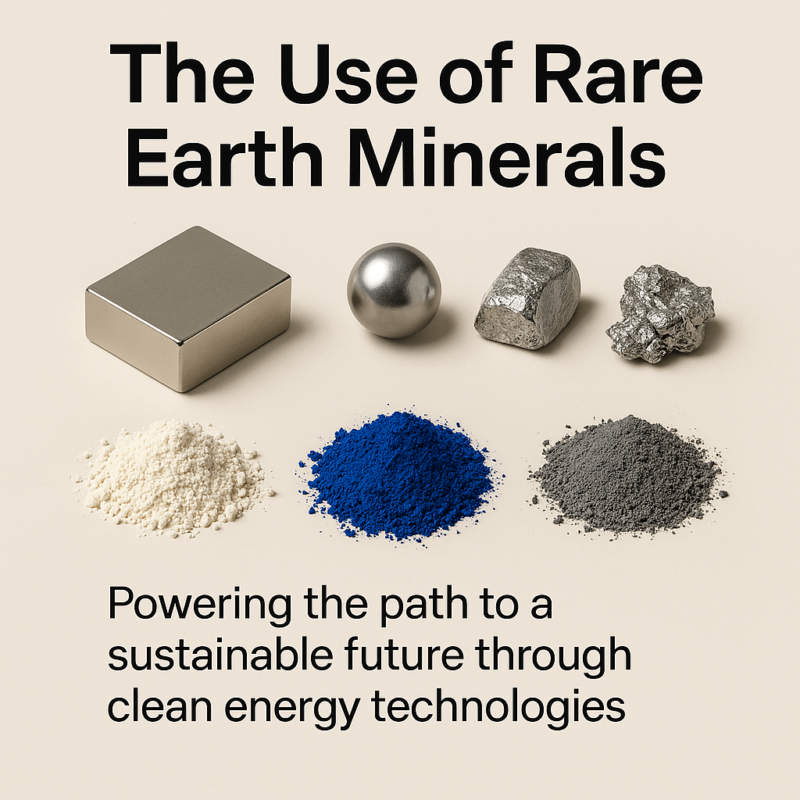 Various rare earth minerals displayed in metallic and powdered forms on a light background, representing their industrial uses in clean energy applications.