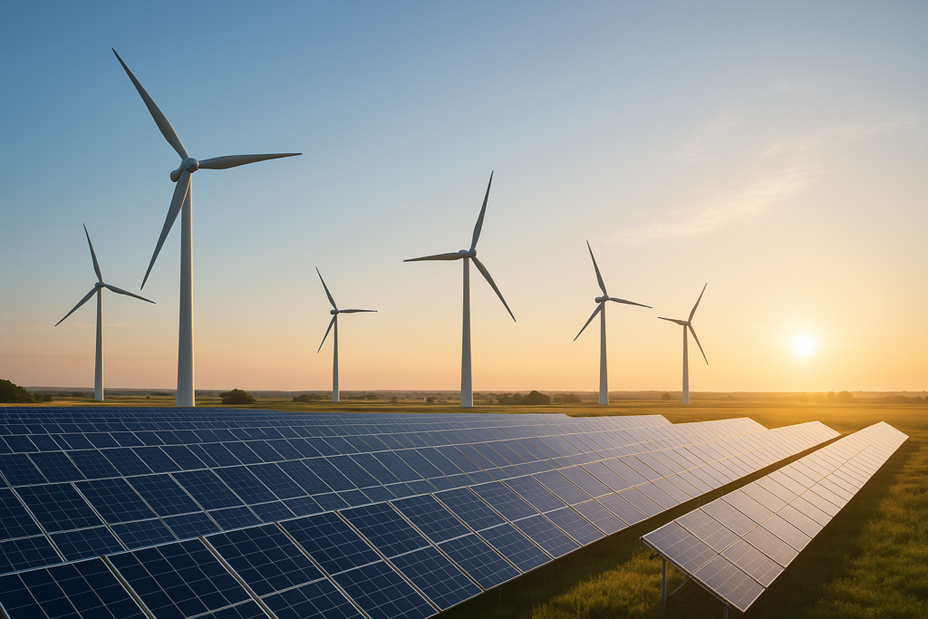 Landscape view of wind turbines and solar panels under a clear blue sky at sunrise, symbolizing sustainable renewable energy powered by rare earth minerals.