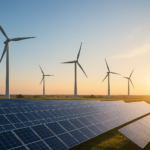Landscape view of wind turbines and solar panels under a clear blue sky at sunrise, symbolizing sustainable renewable energy powered by rare earth minerals.