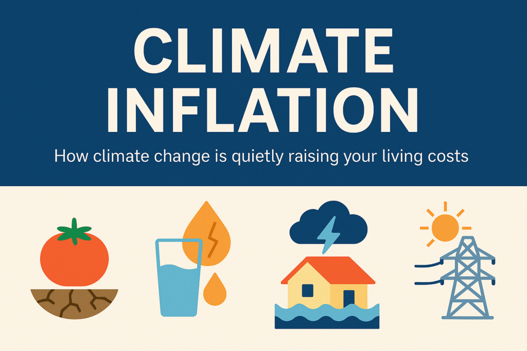 Infographic titled 'Climate Inflation: How climate change is quietly raising your living costs' with icons representing drought-affected crops, water scarcity, flooding, and increased energy demand.