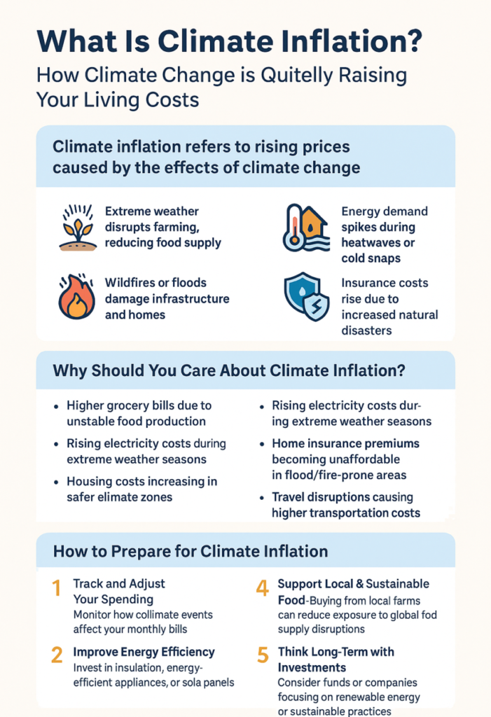 Infographic explaining climate inflation, its causes, impacts, and how to prepare, using icons for extreme weather, rising insurance, and food costs.