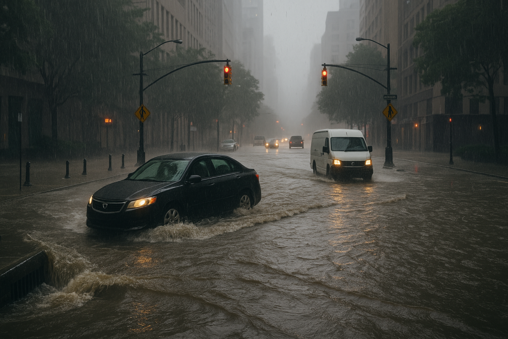 A city street flooded by heavy rainfall, with cars partially submerged and rain pouring from dark clouds, while storm drains overflow.