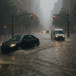 A city street flooded by heavy rainfall, with cars partially submerged and rain pouring from dark clouds, while storm drains overflow.
