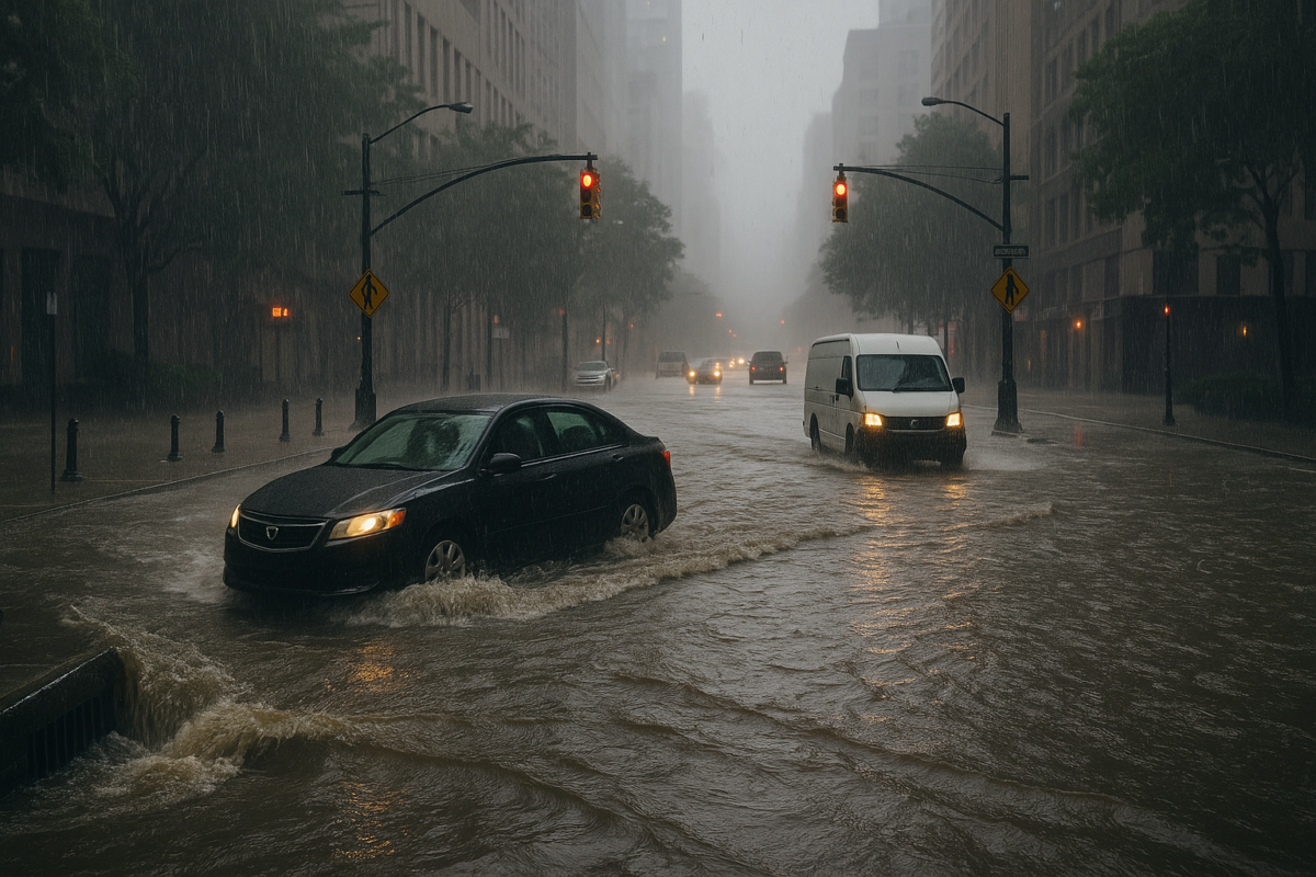A city street flooded by heavy rainfall, with cars partially submerged and rain pouring from dark clouds, while storm drains overflow.