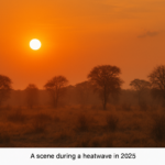 A dry, sun-scorched savannah landscape with sparse vegetation and silhouetted trees under a blazing orange sky during sunset, depicting the intensity of a 2025 heatwave.