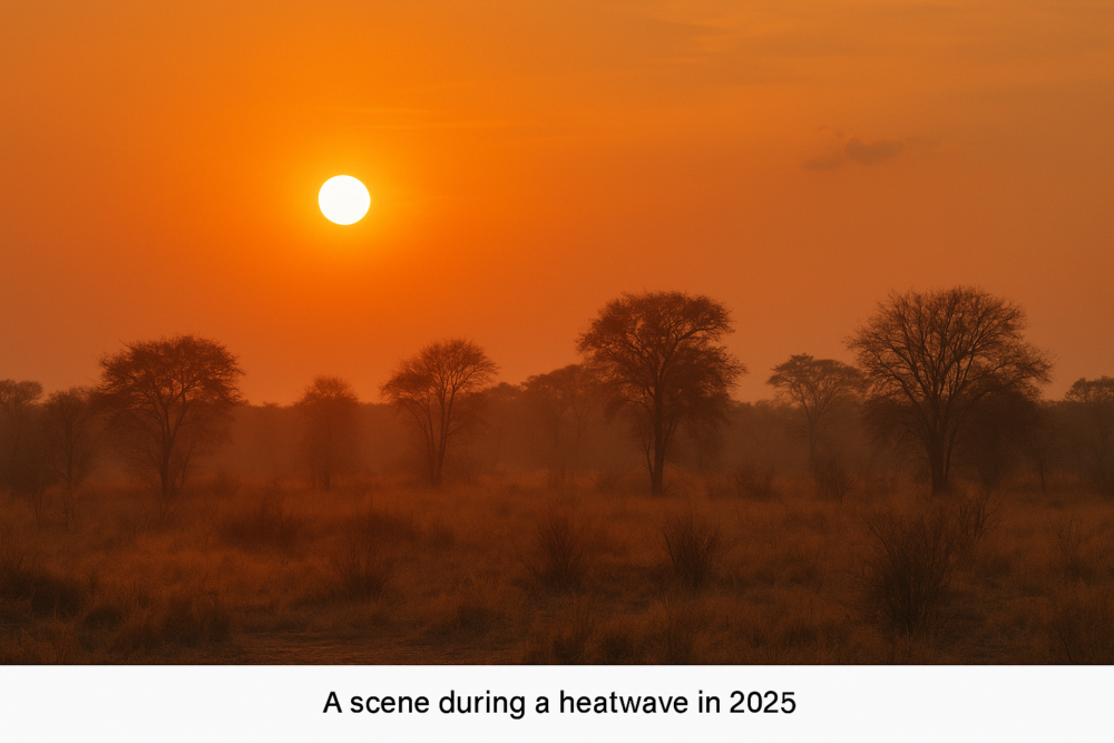 A dry, sun-scorched savannah landscape with sparse vegetation and silhouetted trees under a blazing orange sky during sunset, depicting the intensity of a 2025 heatwave.